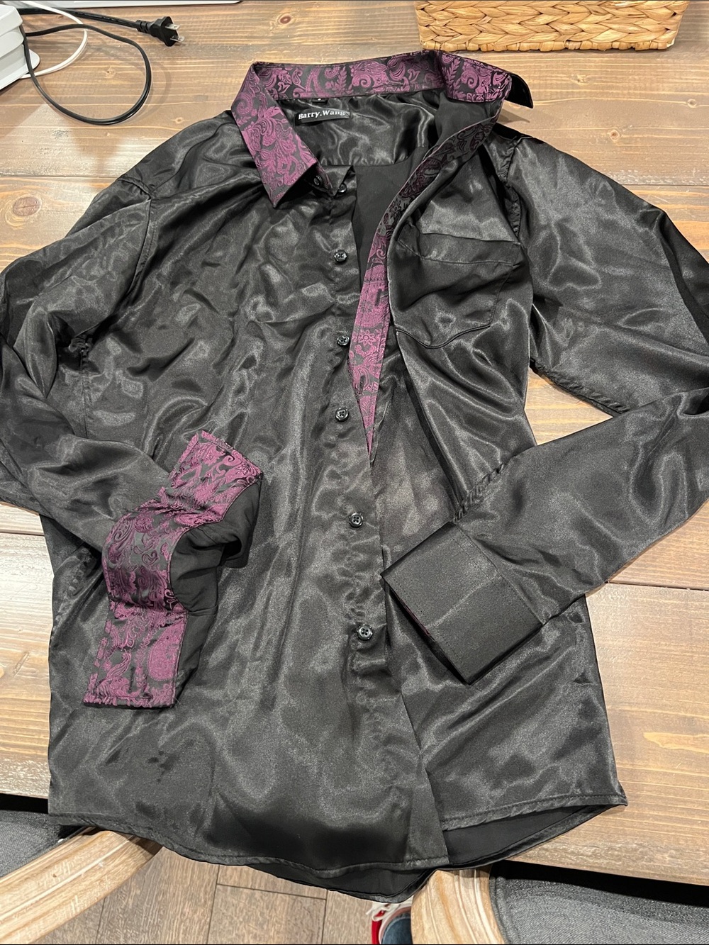 Mens Black Satin Dress Shirt with Purple Paisley Trim